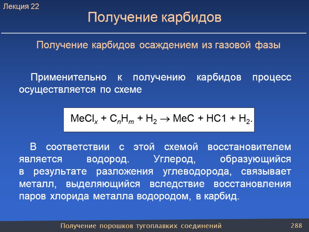 Получение порошков тугоплавких соединений 288 Получение карбидов Получение карбидов осаждением из газовой фазы Применительно